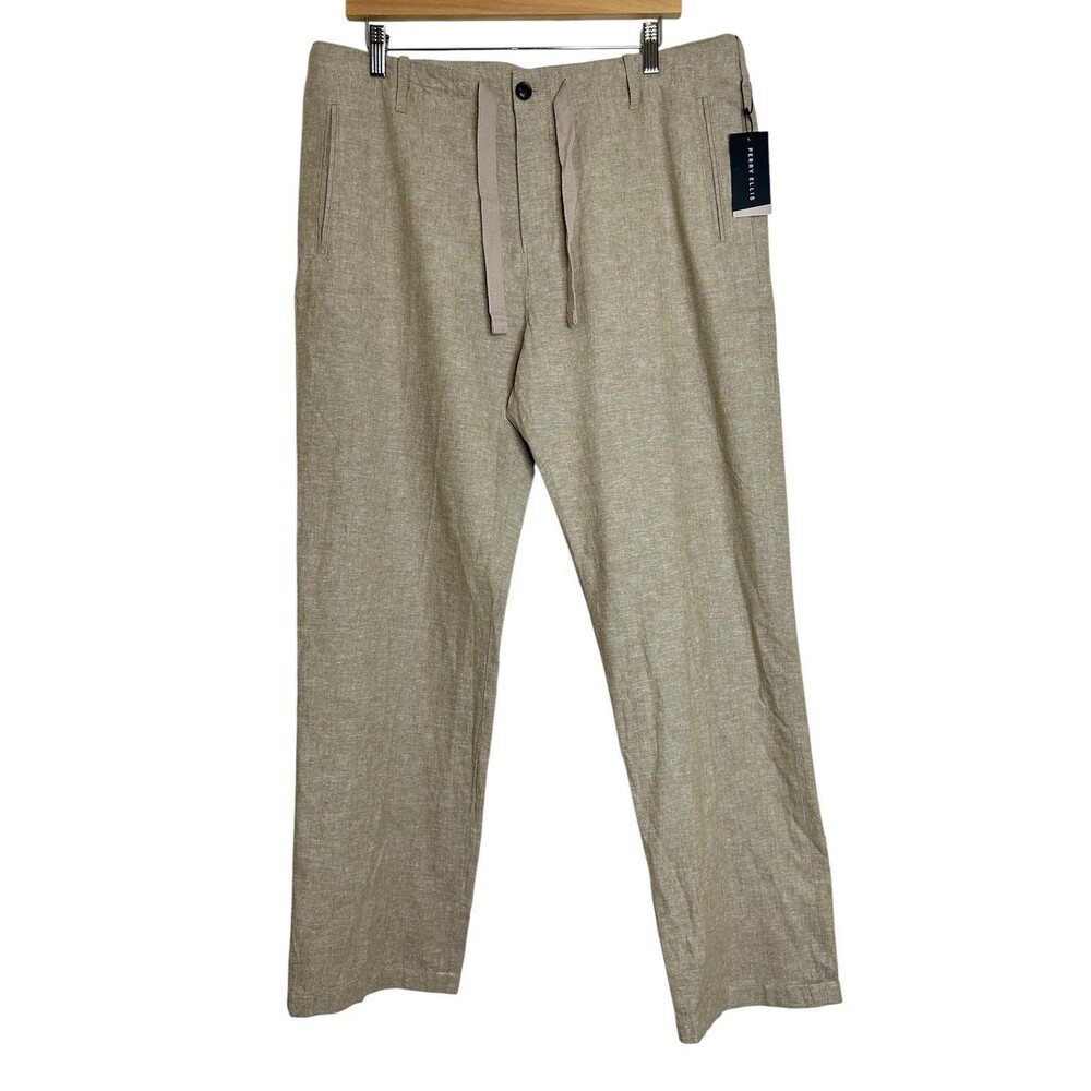 Perry Ellis Linen Blend Trousers Pants Men 34X30 Beige Gray Tie Button Front NWT